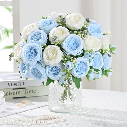 8 Packs Peonies Artificial Flowers Mixed White Blue Silk Artificial Peonies in Mixed White Blue, alternate view 2