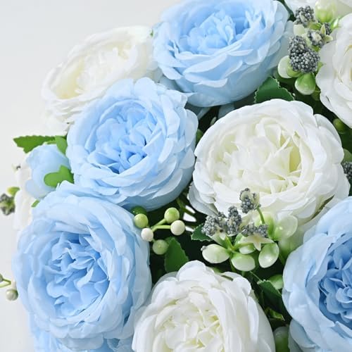8 Packs Peonies Artificial Flowers Mixed White Blue Silk Artificial Peonies in Mixed White Blue, alternate view 3
