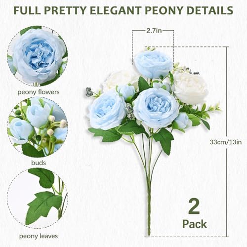 8 Packs Peonies Artificial Flowers Mixed White Blue Silk Artificial Peonies in Mixed White Blue, alternate view 4