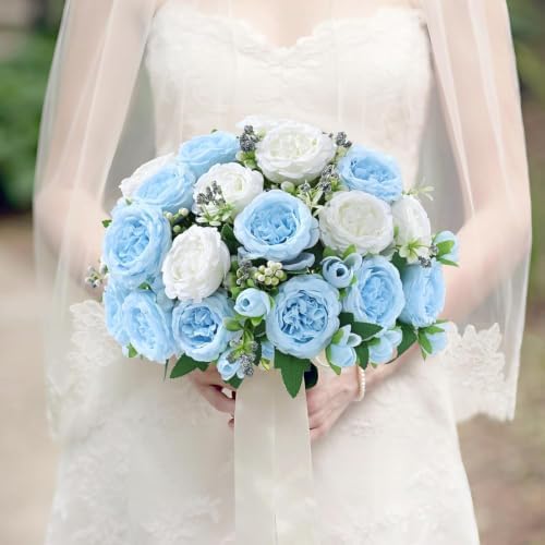 8 Packs Peonies Artificial Flowers Mixed White Blue Silk Artificial Peonies in Mixed White Blue, alternate view 5