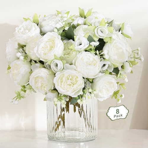 8 Packs Peonies Artificial Flowers, White Silk Flowers Artificial Peonies in White