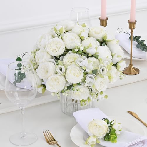 8 Packs Peonies Artificial Flowers, White Silk Flowers Artificial Peonies in White, alternate view 2