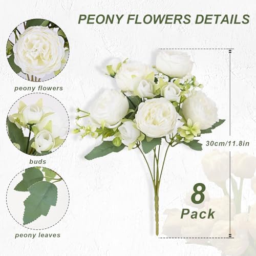 8 Packs Peonies Artificial Flowers, White Silk Flowers Artificial Peonies in White, alternate view 4