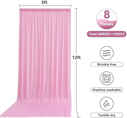 8 Panels 5ftx12ft Wrinkle Free Pink Backdrop Curtain for Parties, Silky Polyester Photo Backdrop Drapes 12 ft, alternate view