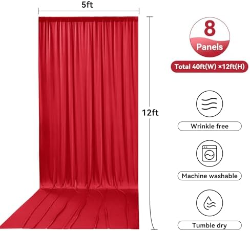 8 Panels 5x12ft Red Backdrop Curtains for Wedding Parties, Wrinkle Free Polyester 12 ft Long Photo Backdrop, alternate view 6