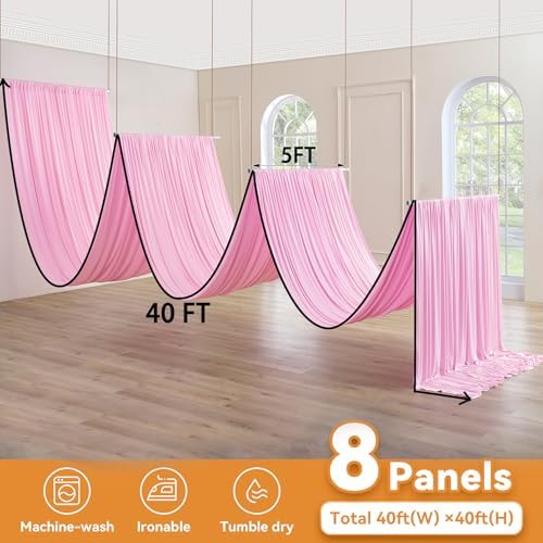 8 Panels 5x40ft Pink Ceiling Drapes for Wedding Parties, Wrinkle Free Thick Polyester 40ft Extra Long Wedding, alternate view