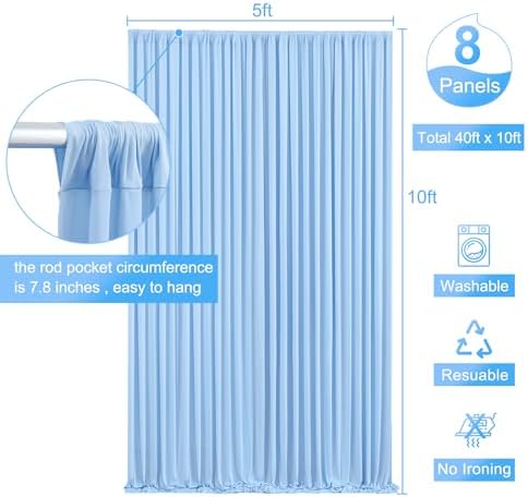 8 Panels Baby Blue Backdrop Curtain for Baby Shower Parties Wrinkle Free Light Blue Curtains Backdrop Drapes, alternate view