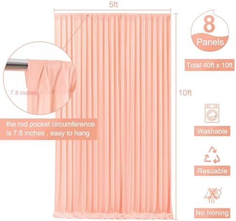 8 Panels Peach Backdrop Curtain for Parties Wedding Wrinkle Free Peach Photo Curtains Backdrop Drapes Fabric, alternate view