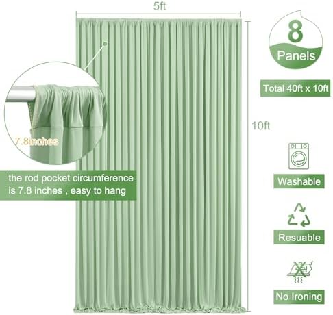 8 Panels Sage Green Backdrop Curtain for Parties Wrinkle Free Dark Green Photo Curtains Backdrop Drapes Fabric, alternate