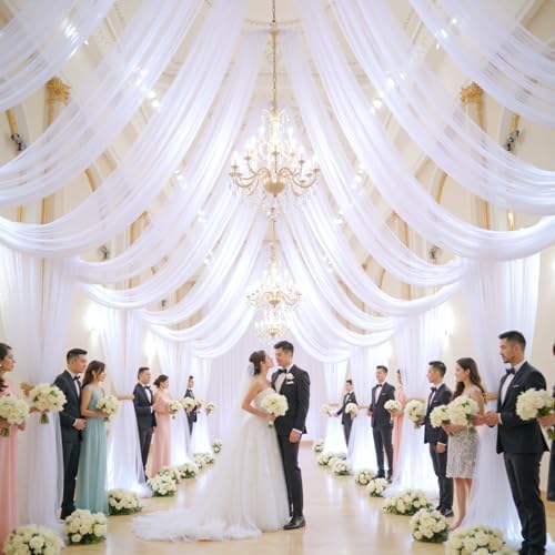 8 Panels White Wedding Arch Draping Fabric 30" x 19ft Wedding Drapes Tulle Drapes for Backdrop Sheer Fabric, alternate view 5