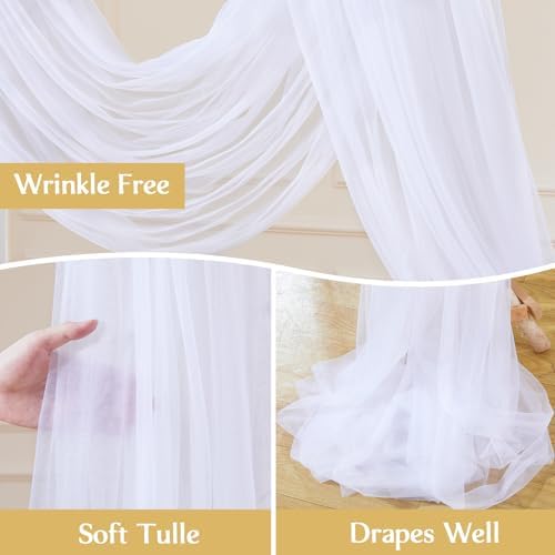 8 Panels White Wedding Arch Draping Fabric 30" x 19ft Wedding Drapes Tulle Drapes for Backdrop Sheer Fabric, alternate view 6