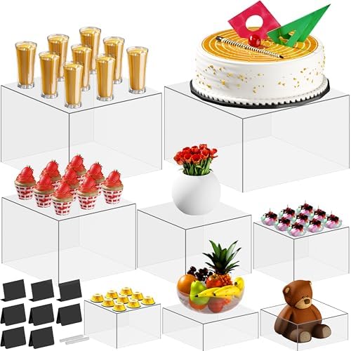 8 PCS 12" to 6" Clear Buffet Risers with Mini Sign and Makers, Large Food Risers for Buffet Table, Display Shelf