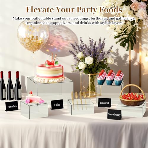 8 PCS 12" to 6" Clear Buffet Risers with Mini Sign and Makers, Large Food Risers for Buffet Table, Display Shelf, alternate