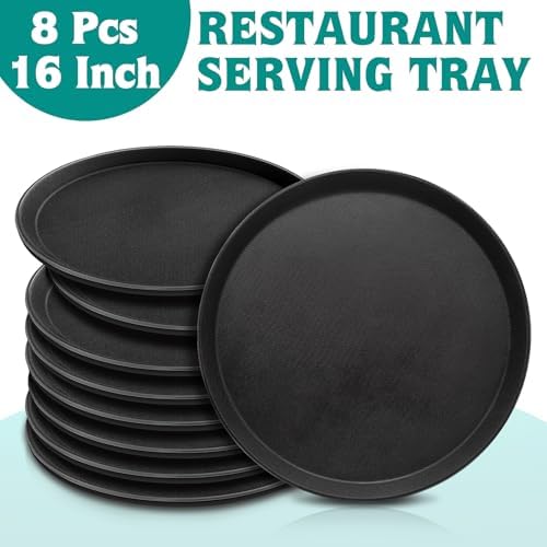 8 Pcs 16 Inch Round Serving Trays Restaurant Serving Trays Plastic Food Drink Serving Tray Non Slip Rubber Lined, alternate