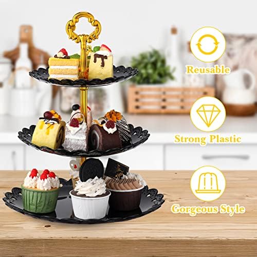 8 Pcs 3 Tier Dessert Stand Halloween Black Cupcake Stand Party Supplies in Black, alternate view 5
