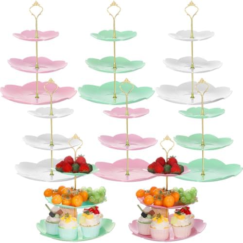 8 Pcs 3 Tier Serving Tray Cupcake Stand Sakura, White, Pink, Green in White, Pink, Green