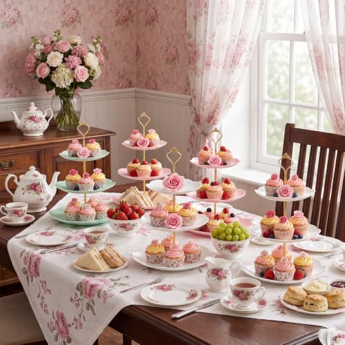 8 Pcs 3 Tier Serving Tray Cupcake Stand Sakura, White, Pink, Green in White, Pink, Green, alternate view 2
