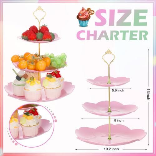 8 Pcs 3 Tier Serving Tray Cupcake Stand Sakura, White, Pink, Green in White, Pink, Green, alternate view 3