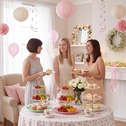 8 Pcs 3 Tier Serving Tray Cupcake Stand Sakura, White, Pink, Green in White, Pink, Green, alternate view 6