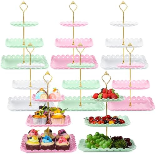 8 Pcs 3 Tier Serving Tray Cupcake Stand, Square, White, Pink, Green in White, Pink, Green