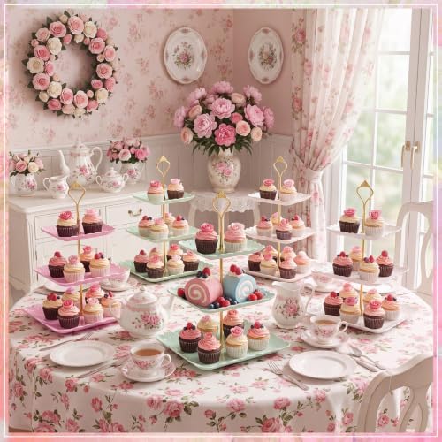8 Pcs 3 Tier Serving Tray Cupcake Stand, Square, White, Pink, Green in White, Pink, Green, alternate view 2