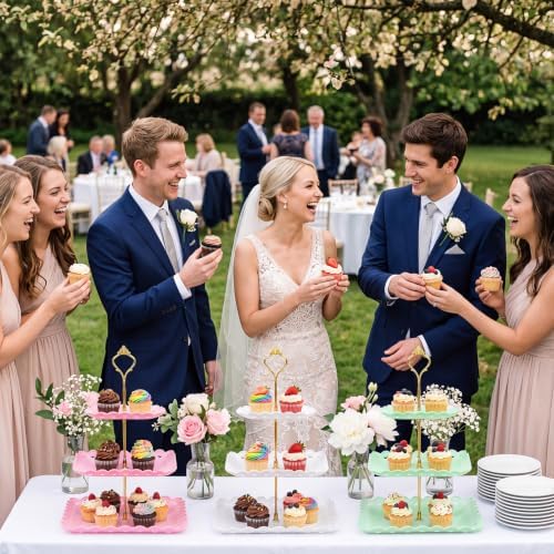 8 Pcs 3 Tier Serving Tray Cupcake Stand, Square, White, Pink, Green in White, Pink, Green, alternate view 5