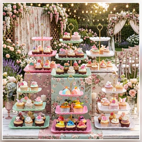 8 Pcs 3 Tier Serving Tray Cupcake Stand, Square, White, Pink, Green in White, Pink, Green, alternate view 6