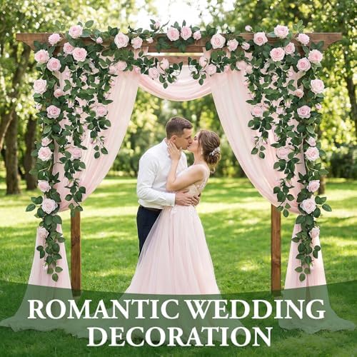 8 Pcs 54ft Artificial Rose Garland Silk Vine Wedding Decor, Pink in Pink, alternate view 5