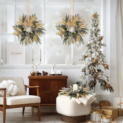 8 Pcs 9 Inch Christmas Wreaths for Kitchen Cabinet Artificial Pine Hanging Cedar Wreath with Christmas Balls, alternate view