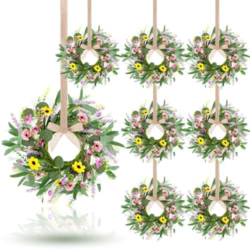 8 Pcs 9" Mini Spring Summer Flowered Wreath Floral Wedding Candle Rings Wreaths Kitchen Cabinet Wreaths with