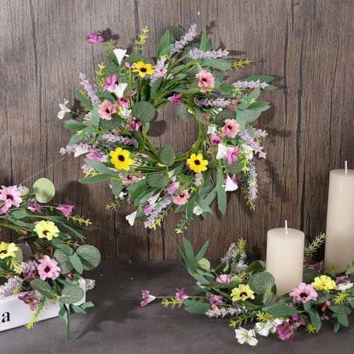 8 Pcs 9" Mini Spring Summer Flowered Wreath Floral Wedding Candle Rings Wreaths Kitchen Cabinet Wreaths with, alternate view