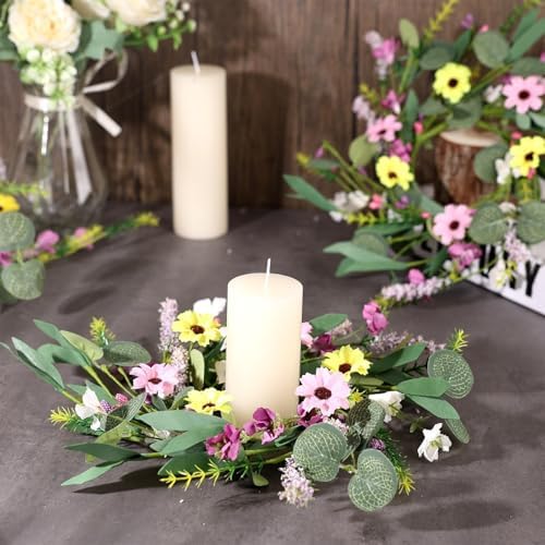 8 Pcs 9" Mini Spring Summer Flowered Wreath Floral Wedding Candle Rings Wreaths Kitchen Cabinet Wreaths with, alternate view