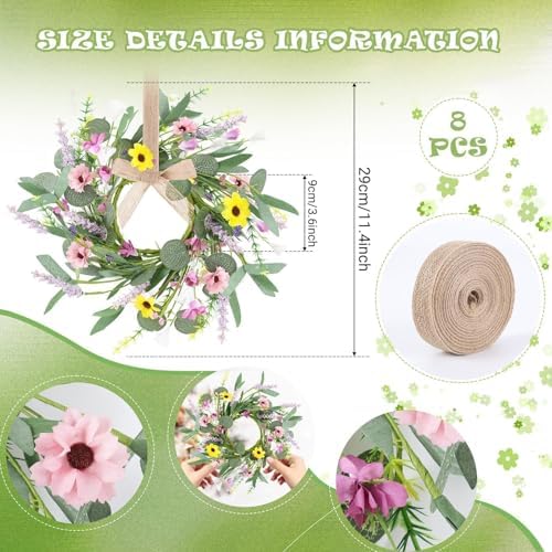 8 Pcs 9" Mini Spring Summer Flowered Wreath Floral Wedding Candle Rings Wreaths Kitchen Cabinet Wreaths with, alternate view