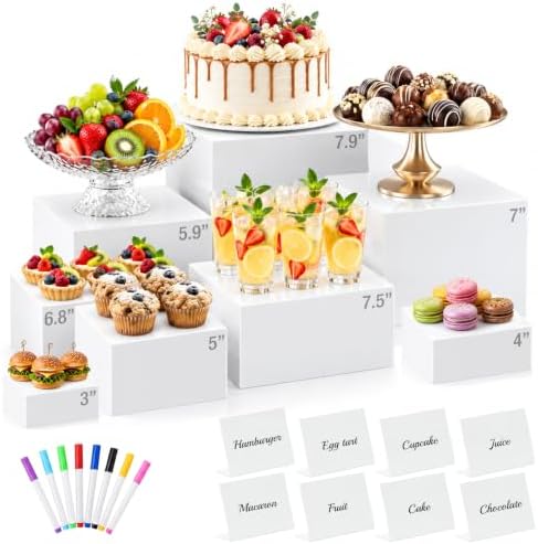 8 Pcs Acrylic Buffet Risers with Mini Sign and Marker, Party Food Display in white