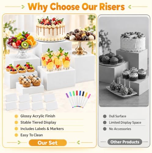 8 Pcs Acrylic Buffet Risers with Mini Sign and Marker, Party Food Display in white, alternate view 3