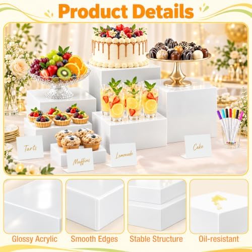 8 Pcs Acrylic Buffet Risers with Mini Sign and Marker, Party Food Display in white, alternate view 4