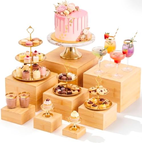 8 Pcs Bamboo Buffet Risers and Stands for Food, 4''-8.8'' in Bamboo