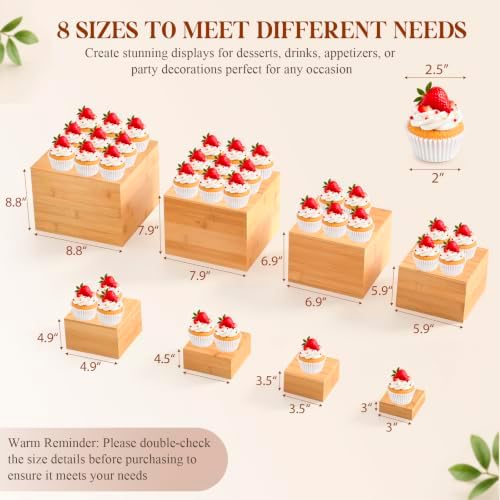 8 Pcs Bamboo Buffet Risers and Stands for Food, 4''-8.8'' in Bamboo, alternate view 3