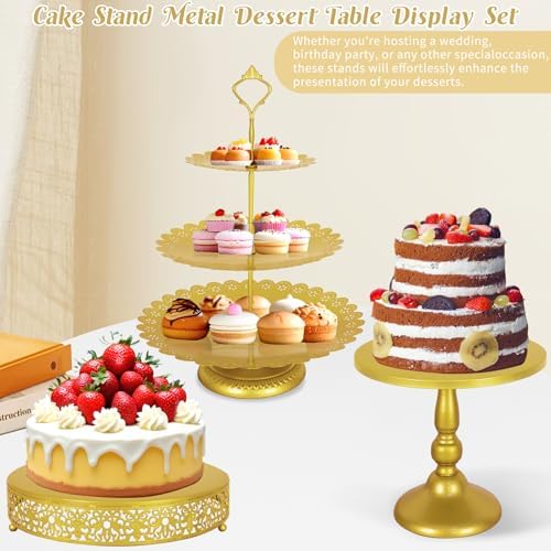 8 Pcs Cake Stand Gold Metal Dessert Table Display Set, 3-Tier Cupcake Stand, Cake Display Tower and Cookie Tray, alternate