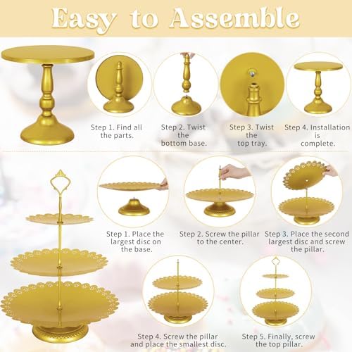 8 Pcs Cake Stand Gold Metal Dessert Table Display Set, 3-Tier Cupcake Stand, Cake Display Tower and Cookie Tray, alternate