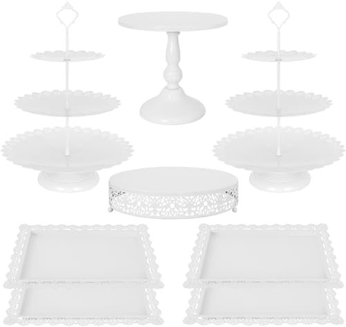 8 Pcs Cake Stand White Metal Dessert Table Display Set, 3-Tier Cupcake Stand, Cake Display Tower and Cookie Tray