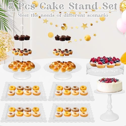 8 Pcs Cake Stand White Metal Dessert Table Display Set, 3-Tier Cupcake Stand, Cake Display Tower and Cookie Tray, alternate