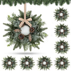 8 PCS Christmas Mini Cabinet Wreaths for Kitchen with Burlap Ribbon Norfolk Snowy Pine Needles Garland Pinecones
