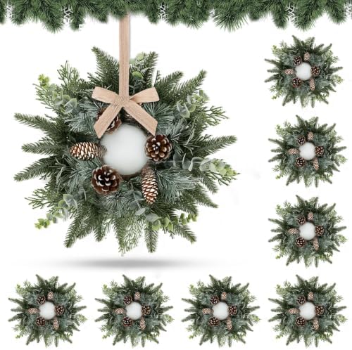 8 PCS Christmas Mini Cabinet Wreaths for Kitchen with Burlap Ribbon Norfolk Snowy Pine Needles Garland Pinecones