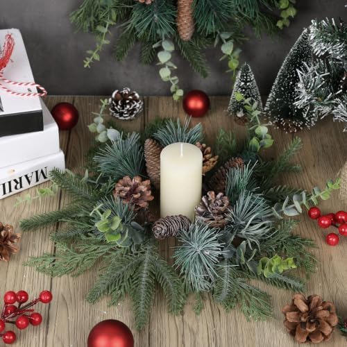 8 PCS Christmas Mini Cabinet Wreaths for Kitchen with Burlap Ribbon Norfolk Snowy Pine Needles Garland Pinecones, alternate