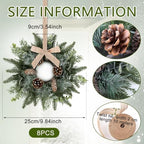 8 PCS Christmas Mini Cabinet Wreaths for Kitchen with Burlap Ribbon Norfolk Snowy Pine Needles Garland Pinecones, alternate
