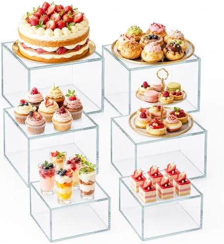 8 Pcs Clear Acrylic Buffet Risers Set 5" to 7.8" Acrylic Display Box 4 Different Height Square Catering Dessert