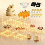 8 Pcs Clear Acrylic Buffet Risers with LED Fairy Lights, Acrylic Food Risers with Mini Sign and Maker, Clear