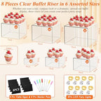 8 Pcs Clear Acrylic Buffet Risers with LED Fairy Lights, Acrylic Food Risers with Mini Sign and Maker, Clear, alternate view