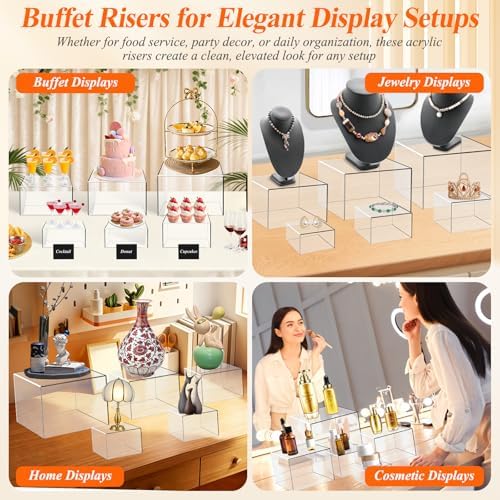 8 Pcs Clear Acrylic Buffet Risers with LED Fairy Lights, Acrylic Food Risers with Mini Sign and Maker, Clear, alternate view